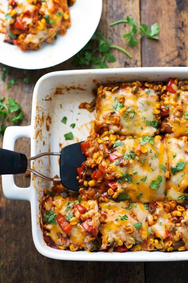 Healthy Mexican Casserole with Roasted Corn and Peppers - vegetarian, 230 calories, and naturally gluten free! | pinchofyum.com