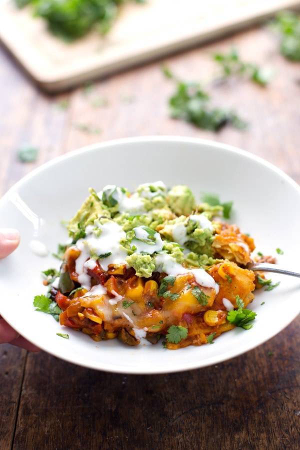 Healthy Mexican Casserole with Roasted Corn and Peppers - vegetarian, naturally gluten free, 230 calories. | pinchofyum.com