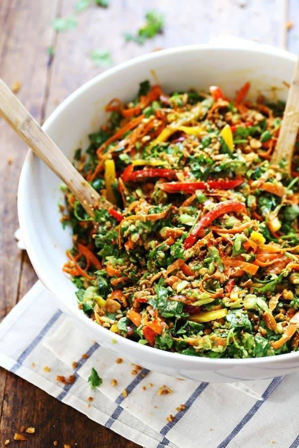 Chopped Thai Salad with Sesame Garlic Dressing: SO GOOD! A rainbow of power veggies with a flavorful homemade dressing. 390 calories. | pinchofyum.com