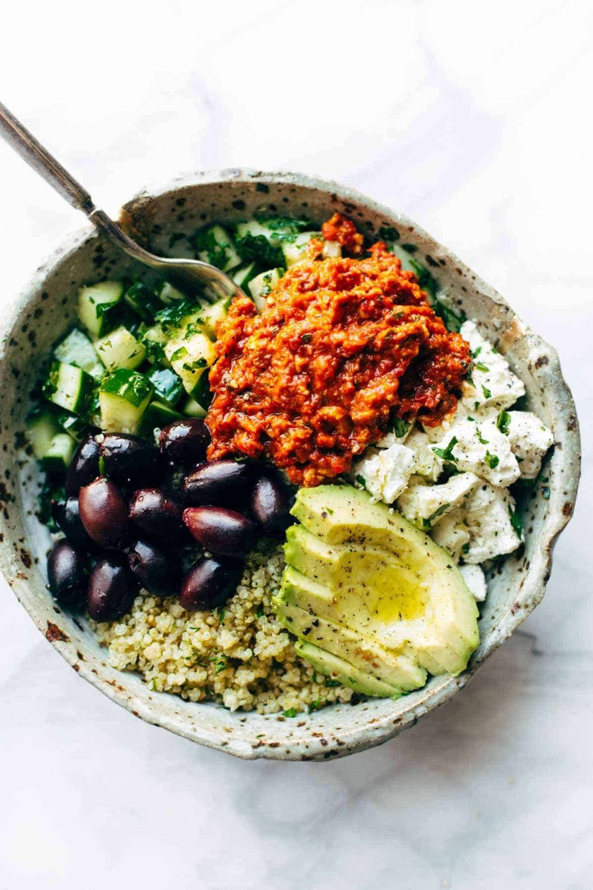 Mediterranean Quinoa Bowls with Roasted Red Pepper Sauce Recipe - Pinch ...
