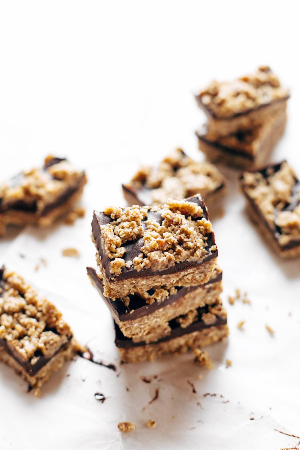 Raw Salted Chocolate Snack Bars - simple no-bake bars with clean ingredients like pecans, oats, dates, coconut oil, and cocoa powder. Super healthy dessert or snack! | pinchofyum.com