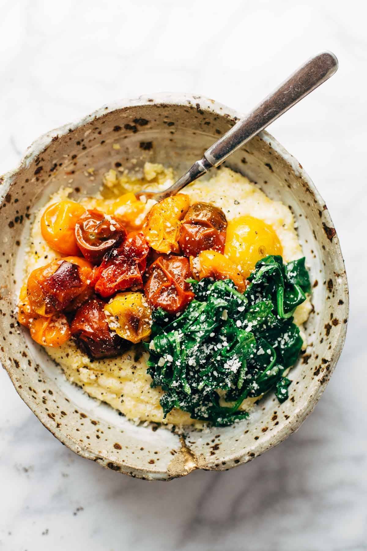 Roasted Tomatoes with Goat Cheese Polenta ♡ an easy vegetarian recipe adaptable to whatever veggies you have on hand. Healthy meets comfort food! | pinchofyum.com