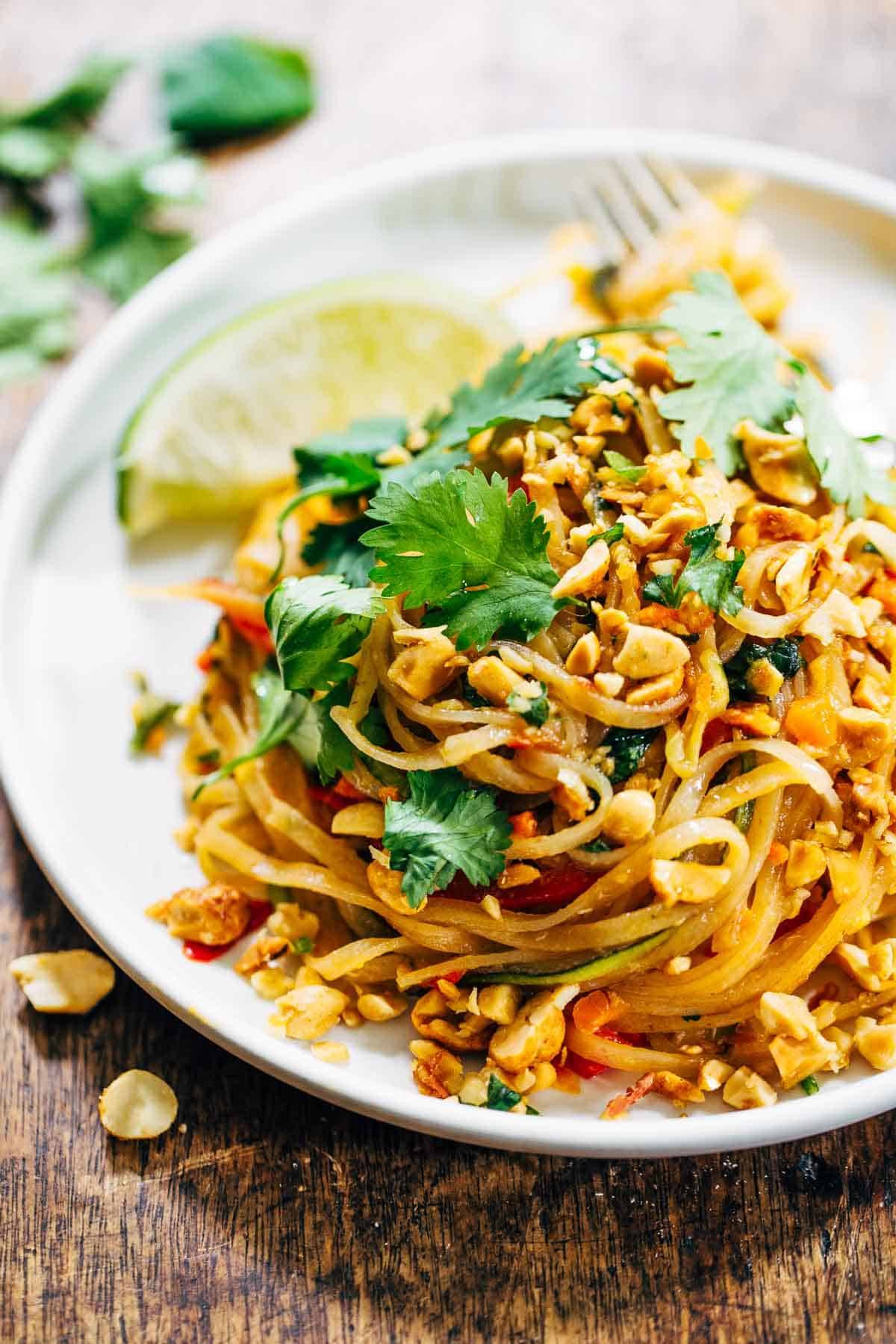 Rainbow Vegetarian Pad Thai with Peanuts and Basil Recipe - Pinch of Yum