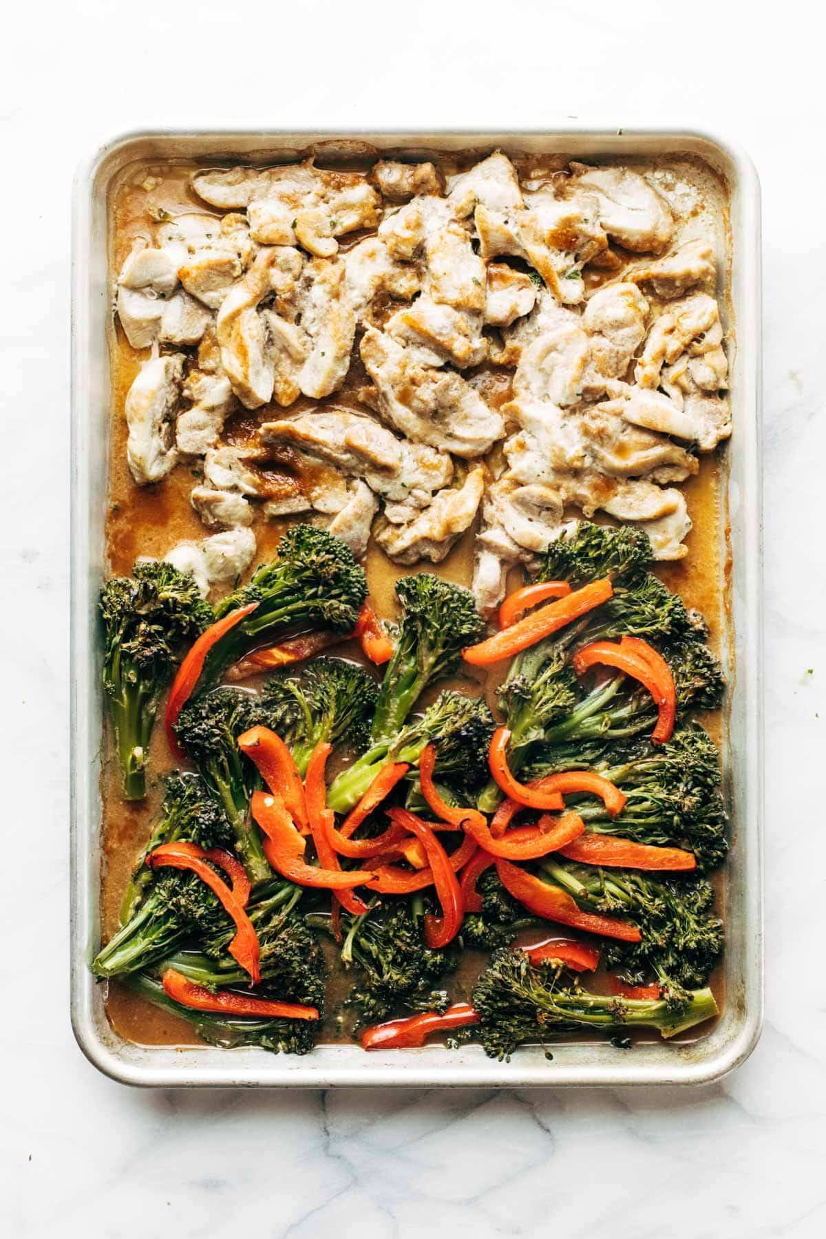 Garlic Ginger Chicken and Broccoli baked on sheet pan.