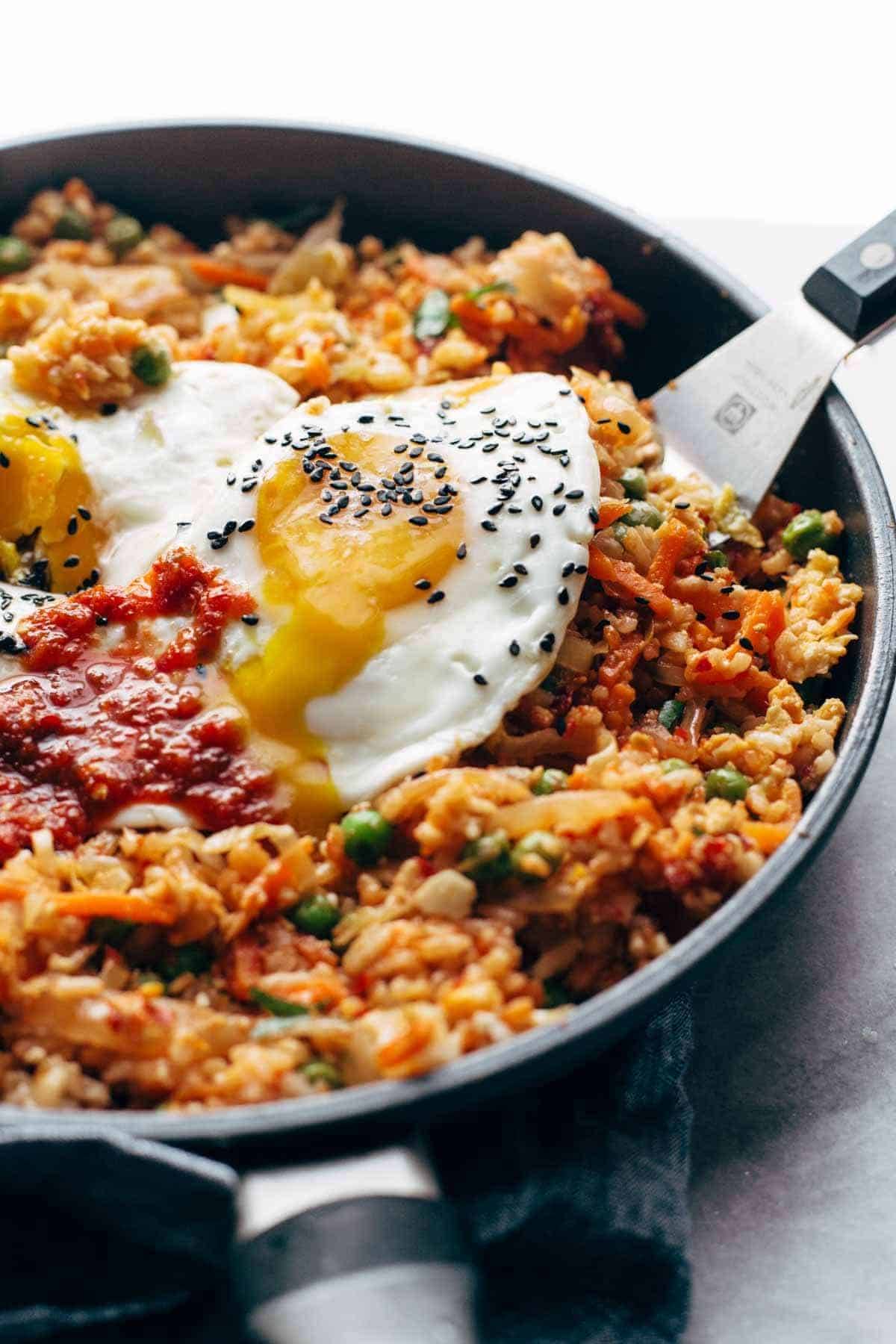 kimchi fried rice in pan with egg
