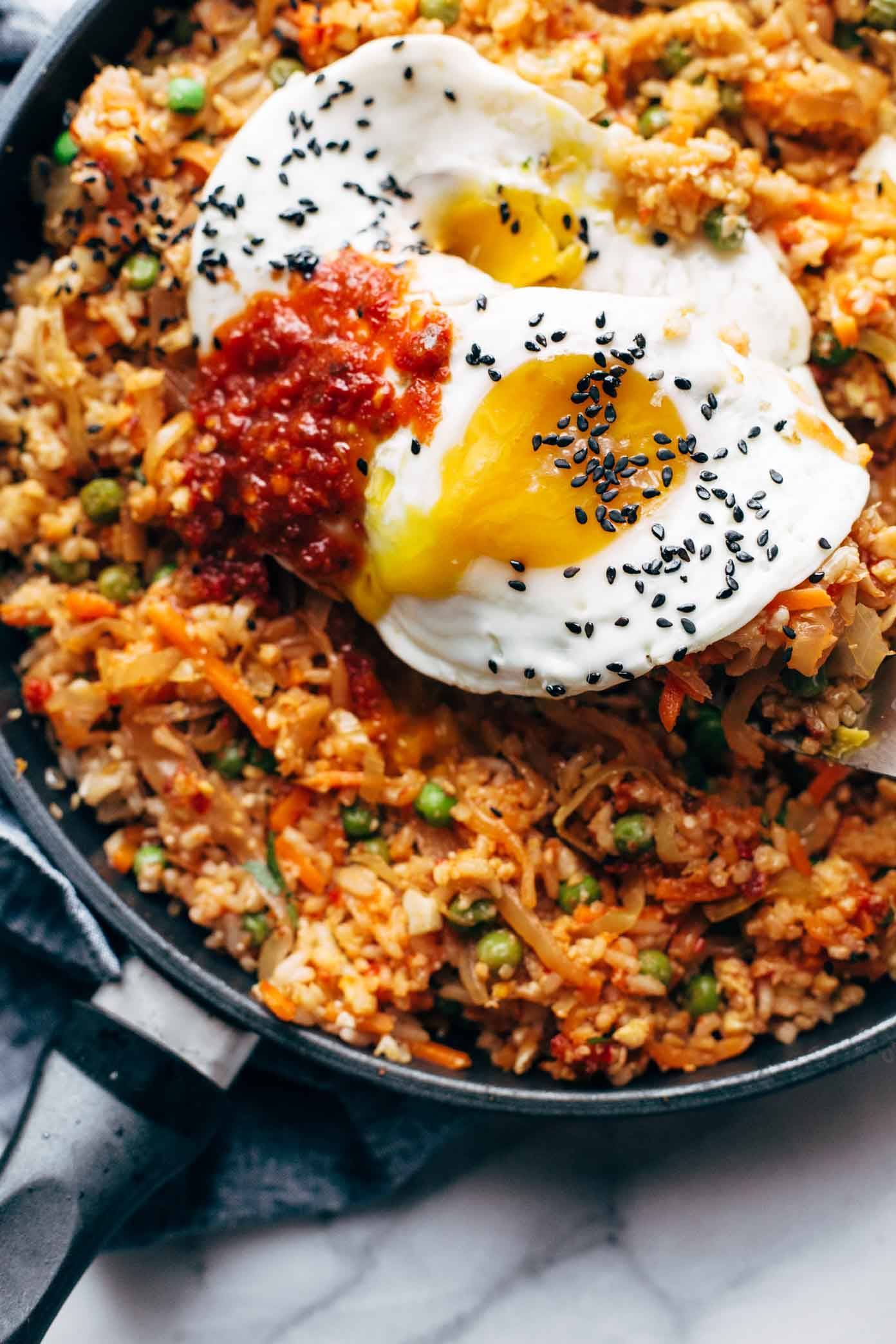 kimchi fried rice in pan with egg