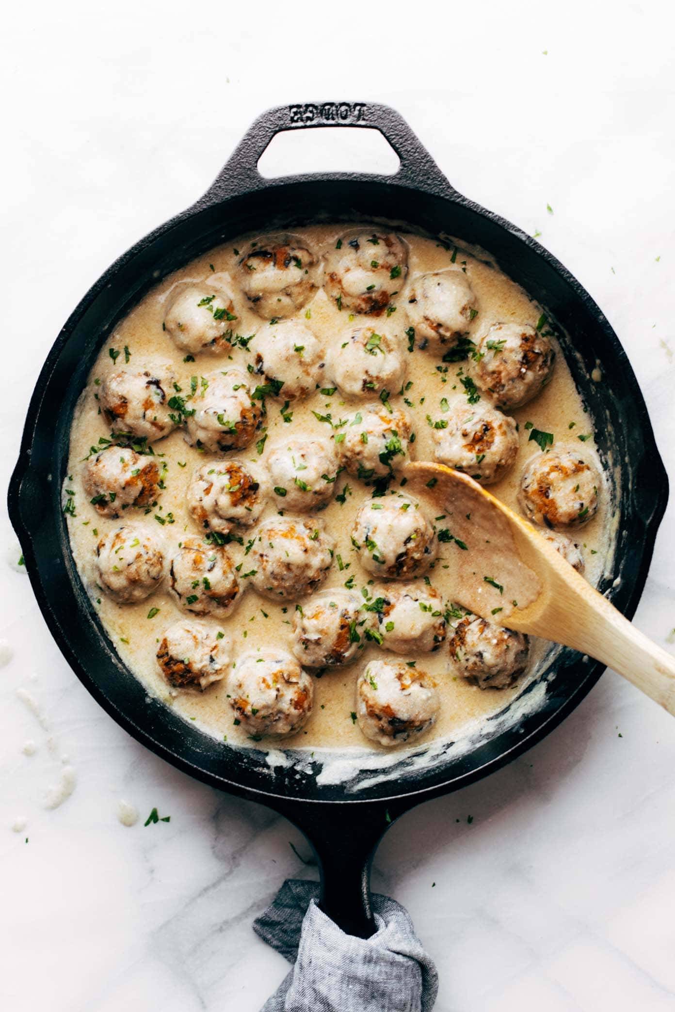 Vegetarian Swedish Meatballs in pan with gravy