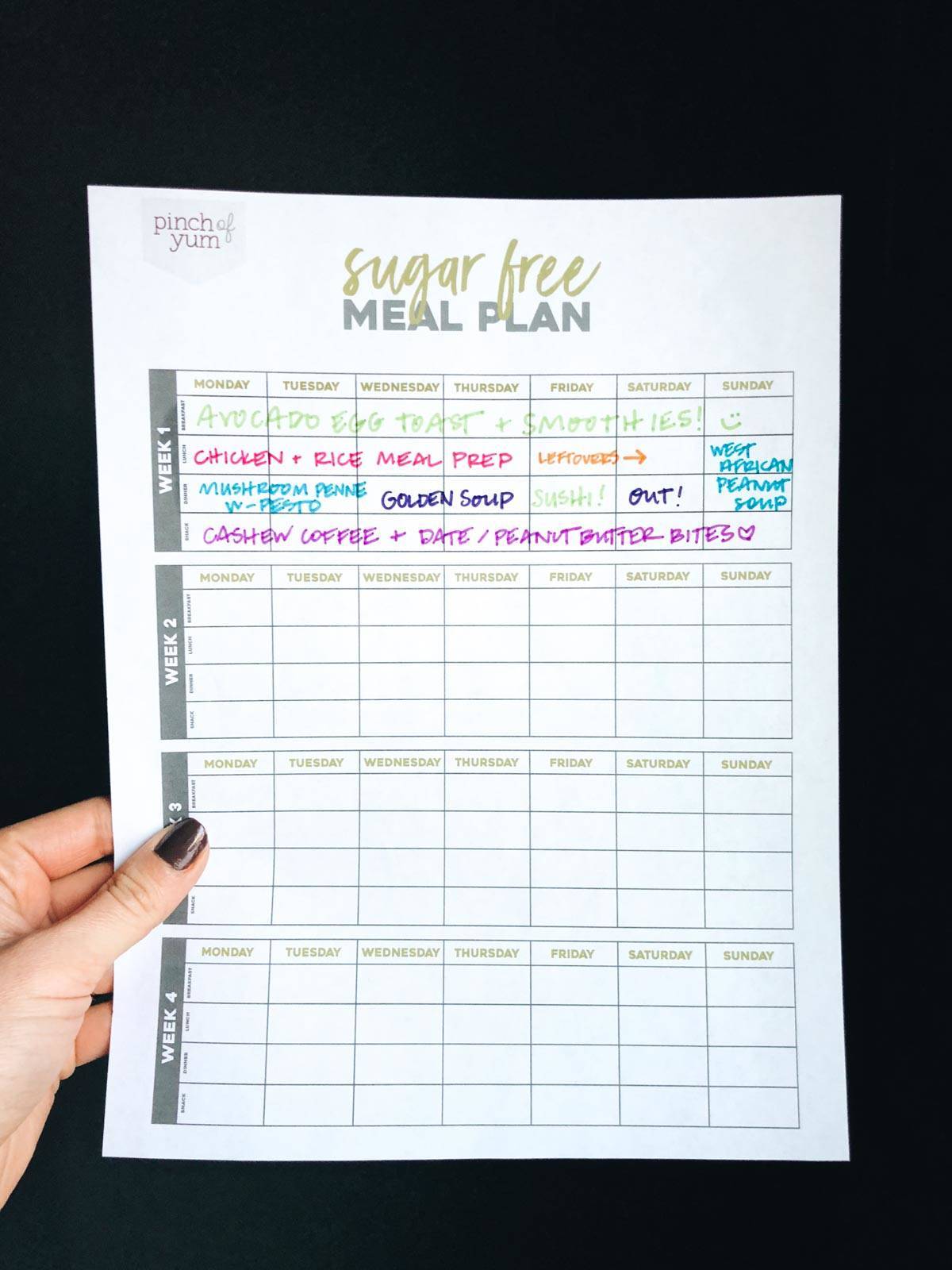 sugar free meal plan printable template