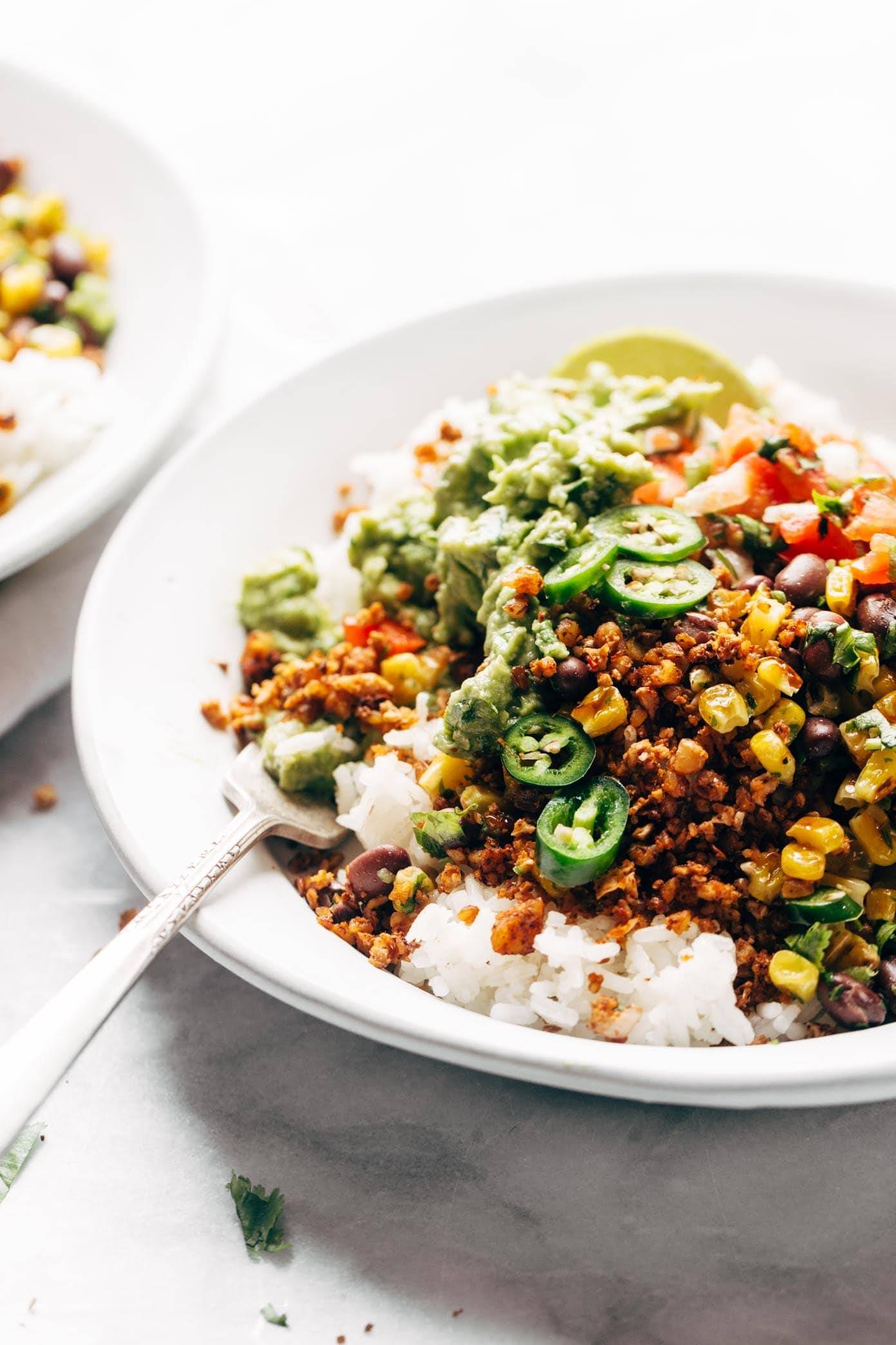 Vegetarian Taco Meat made with cauliflower, walnuts, and chipotles. It's so easy: just mix and bake. Meatless, gluten free, vegan! | pinchofyum.com