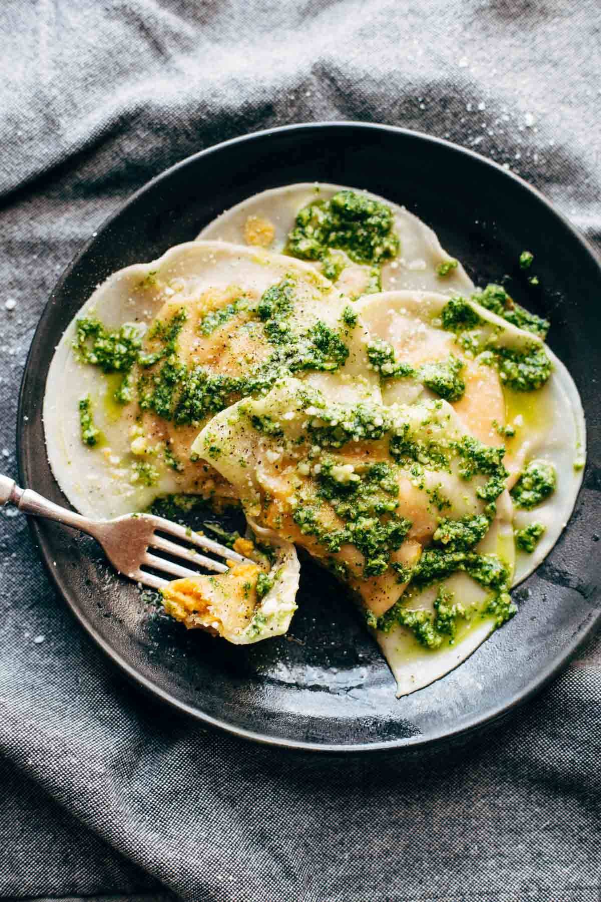 Jumbo Butternut Squash Ravioli with Kale Pesto Recipe - Pinch of Yum