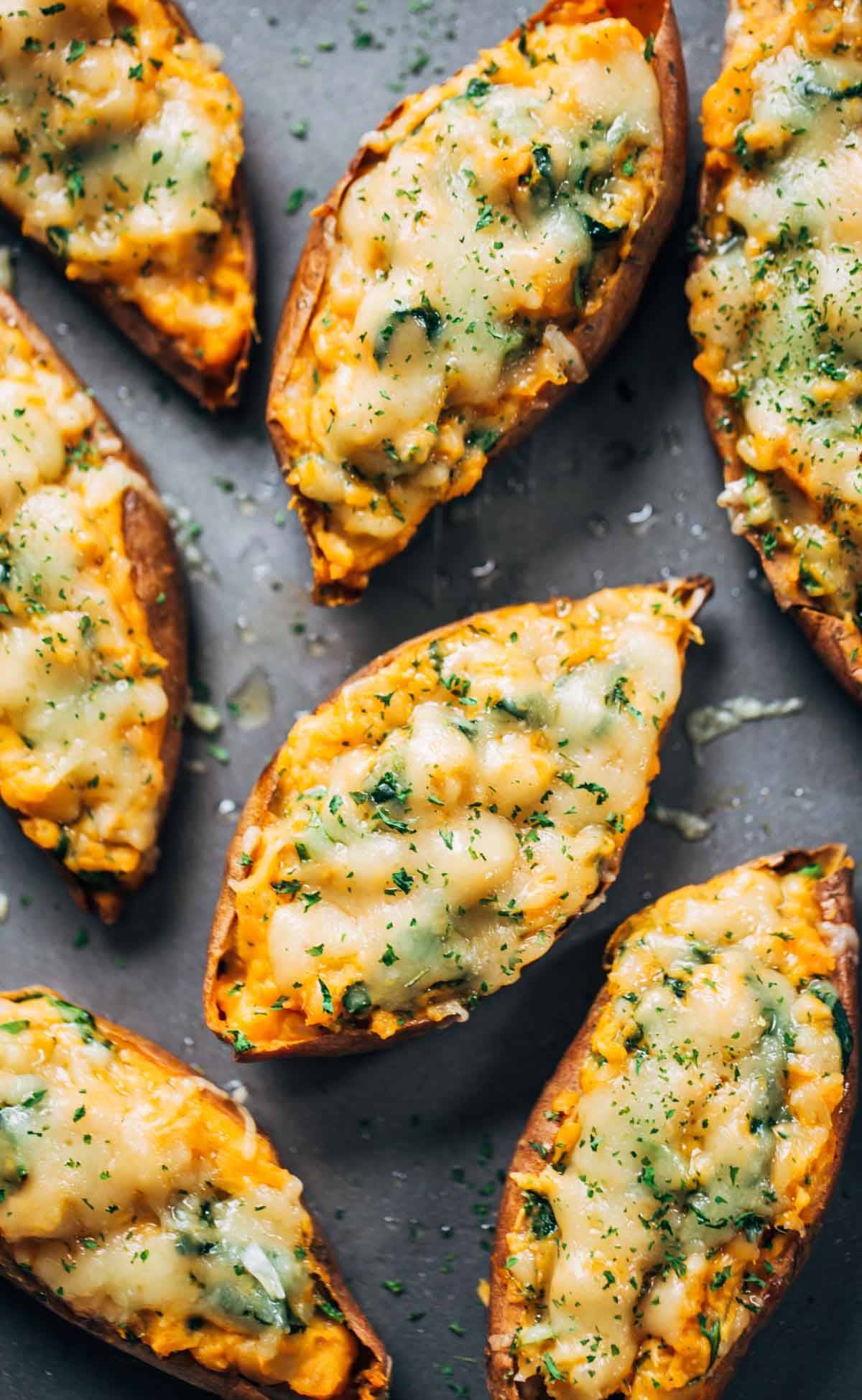 Healthy Sweet Potato Skins - a vegetarian recipe featuring sweet potatoes, spinach, and chickpeas! a MUST TRY for sweet potato lovers. | pinchofyum.com